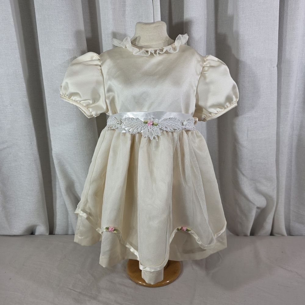 Vintage 90s Baby Christening Baptism Dress Ivory Lace Satin 24MO USA
